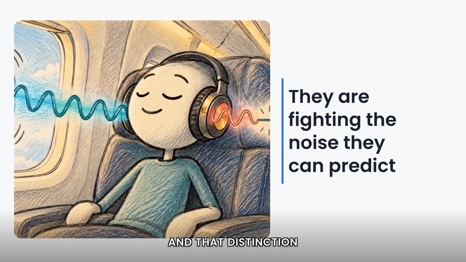 Estilo slide com o personagem de fone no avião à esquerda e, à direita, a frase "They are fighting the noise they can predict" aparecendo enquanto é narrada.