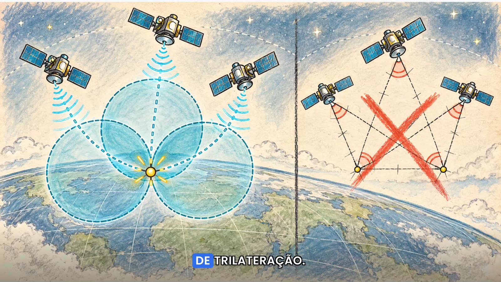 Ilustração de satélites medindo a distância até um ponto na Terra, com a legenda destacando a palavra falada.