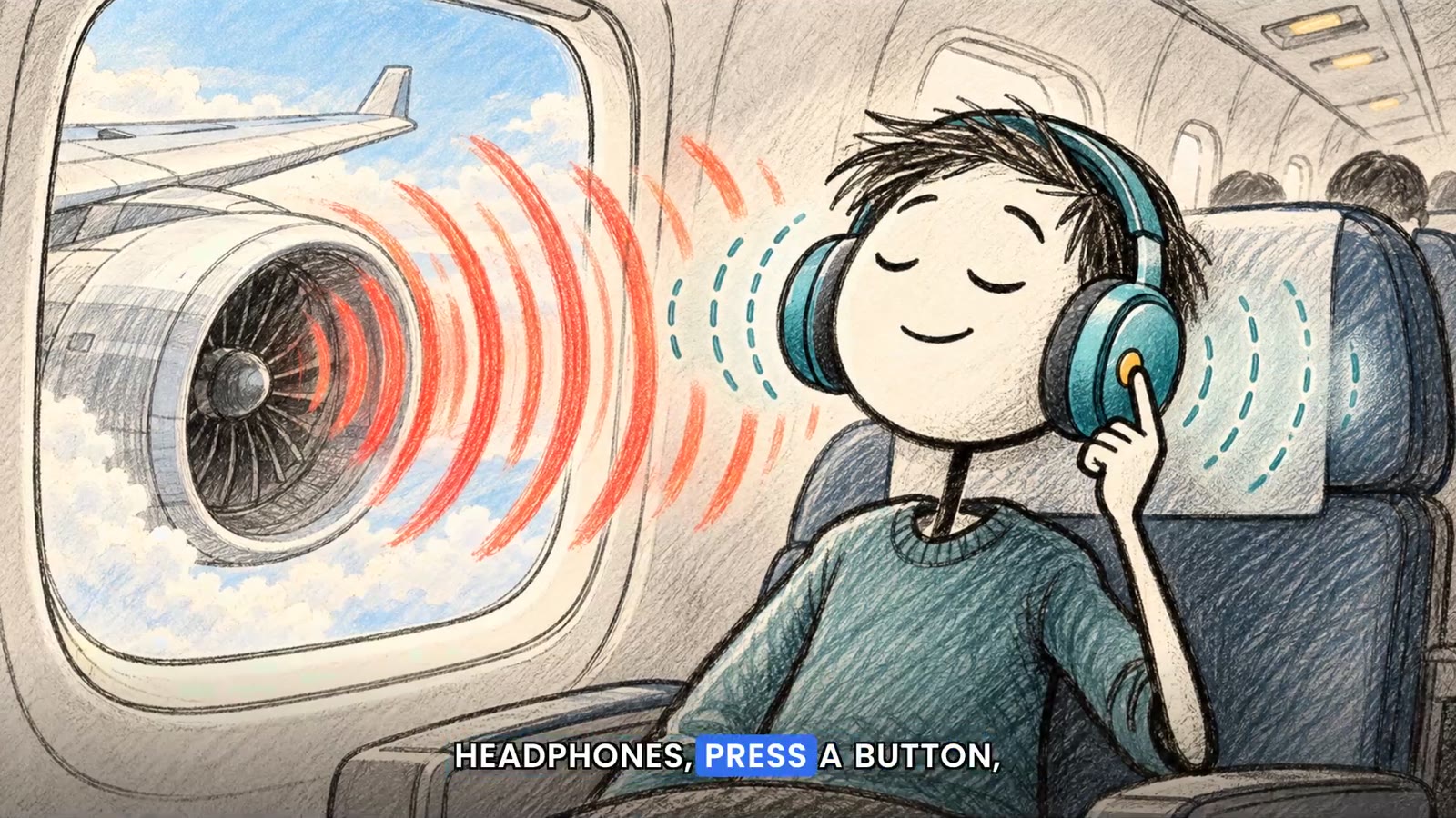 Estilo slide: um personagem de fone de ouvido no avião, de olhos fechados, enquanto o som do motor chega em ondas vermelhas.